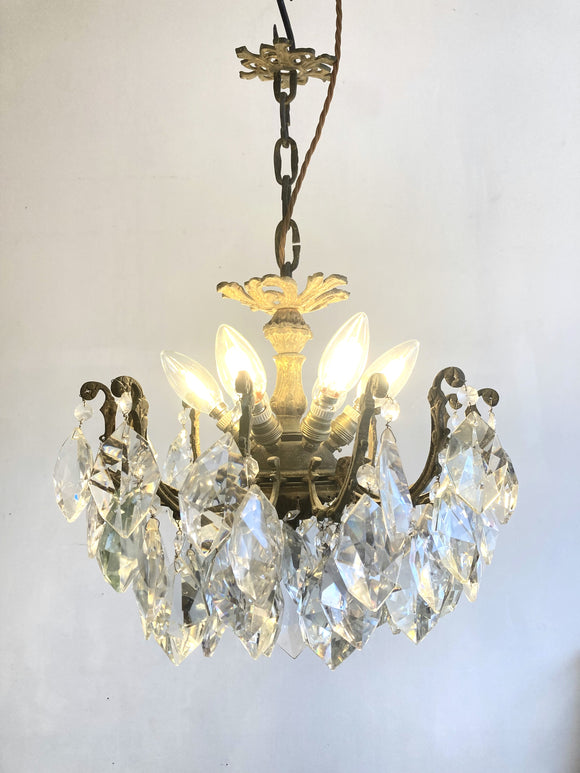 Small antique brass & crystal multi-arm chandelier