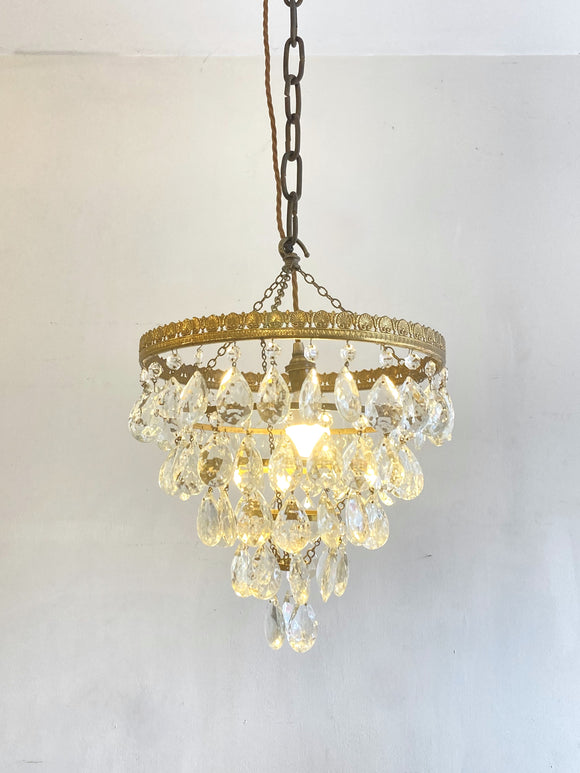 Vintage brass waterfall chandelier with glass pear drops