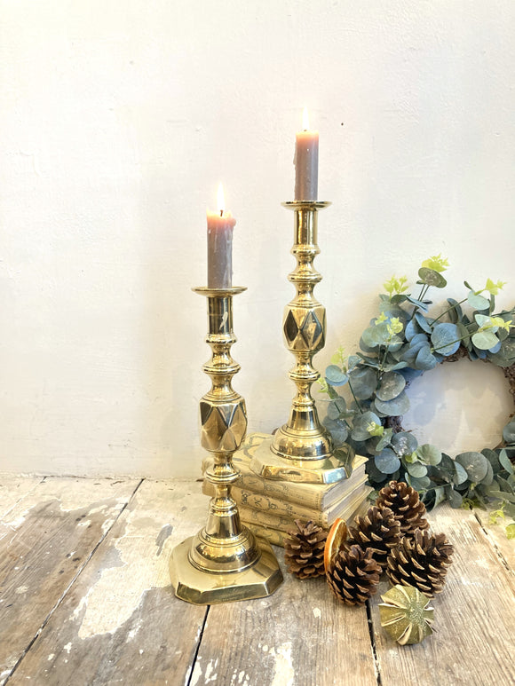 Victorian Queen of Diamonds brass candlesticks