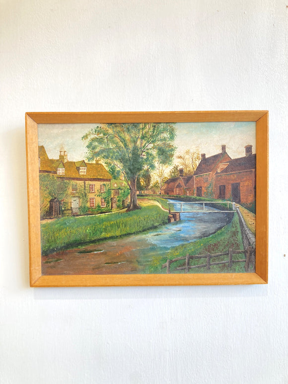 Mid-century oil painting of Lower Slaughter, Gloucestershire